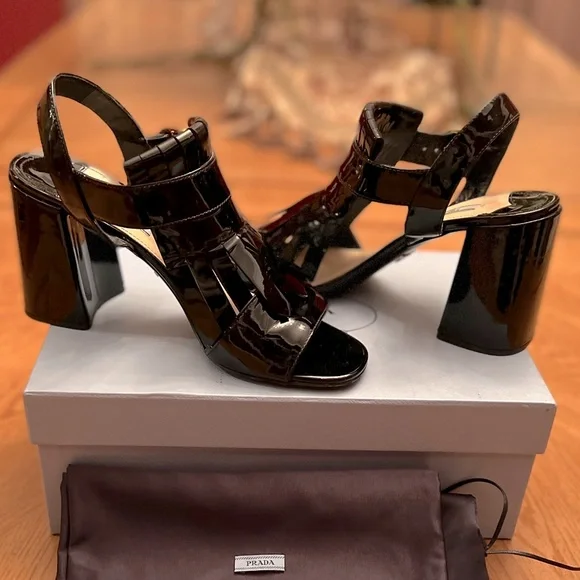 PRADA Patent Leather Kilt Block-Heel Sandals - Picture 9 of 15